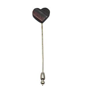 Brown Wood Inlay Heart Stick Pin Silver Tone Vintage